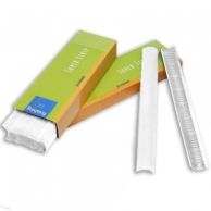 A box of Fastback White Super Strips for Model 20 is shown open, revealing textured thermal binding strips designed for secure and professional document binding.