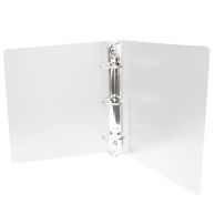 White half size poly binders displayed open to reveal a smooth interior with a sturdy three-ring mechanism, designed for organizing documents efficiently, highlighting their durability and functionality as part of a case of 100.




