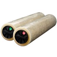 Two large rolls of XyronPRO XM2500 Laminator Refills are shown side by side, each with a translucent adhesive film and black plastic hubs marked with color-coded dots for proper installation.