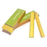 A box of Yellow 11" Medium Powis Parker Fastback Super Strips is displayed with two binding strips placed beside it, showing both the smooth outer surface and the adhesive inner side.