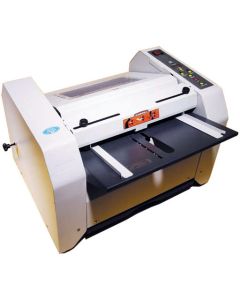 Front angle view of the Akiles BookletMac Semi-Automatic Booklet Maker showing its control panel, paper guides, and output tray.