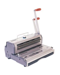 The Akiles Wiremac-M Manual Wire-O® Binding Machine has a heavy-duty metal build with dual wooden-handled levers for punching and wire closing, fully disengageable punching pins, an adjustable depth margin control, and a large waste drawer for efficient w