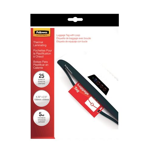 Retail packaging shows Fellowes 5mil Luggage Tag Thermal Laminating Pouches with Loops, featuring a sealed red luggage tag being processed through a laminator.