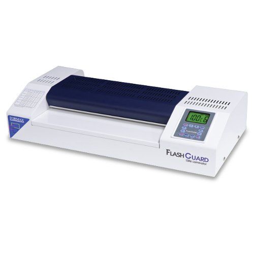 The Formax FlashGuard 13R6 13" Heavy-Duty Professional 6-Roller Laminator features a white and navy body with a built-in digital display panel and control buttons on the front right side.