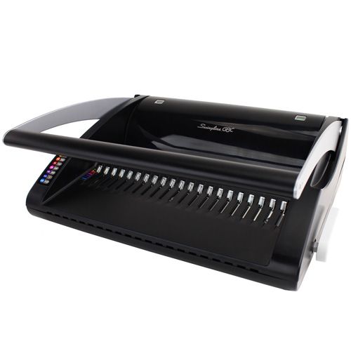 A black Swingline GBC C20 CombBind Binding Machine with a sleek, curved design, featuring a long punching handle, numbered color-coded comb size guide, and evenly spaced punching pins for precise hole placement.