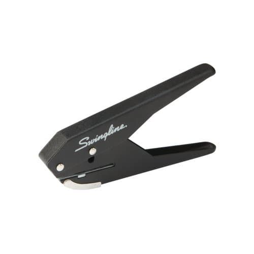 A black Swingline Low Force 1-Hole Punch with a comfortable handle.