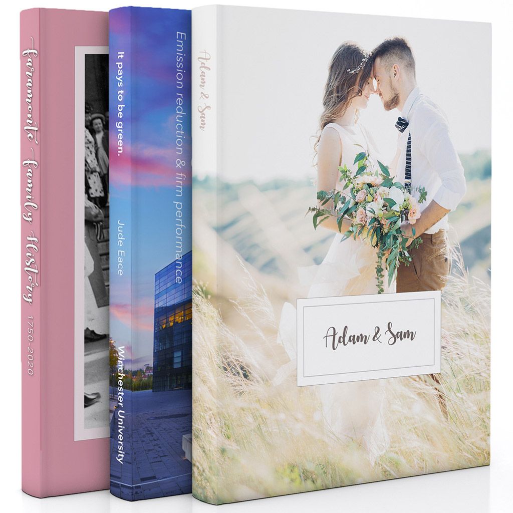 Custom Printed Fastback Hard Covers are displayed with personalized designs, featuring a family history book, a university-related book, and a wedding photo album.
