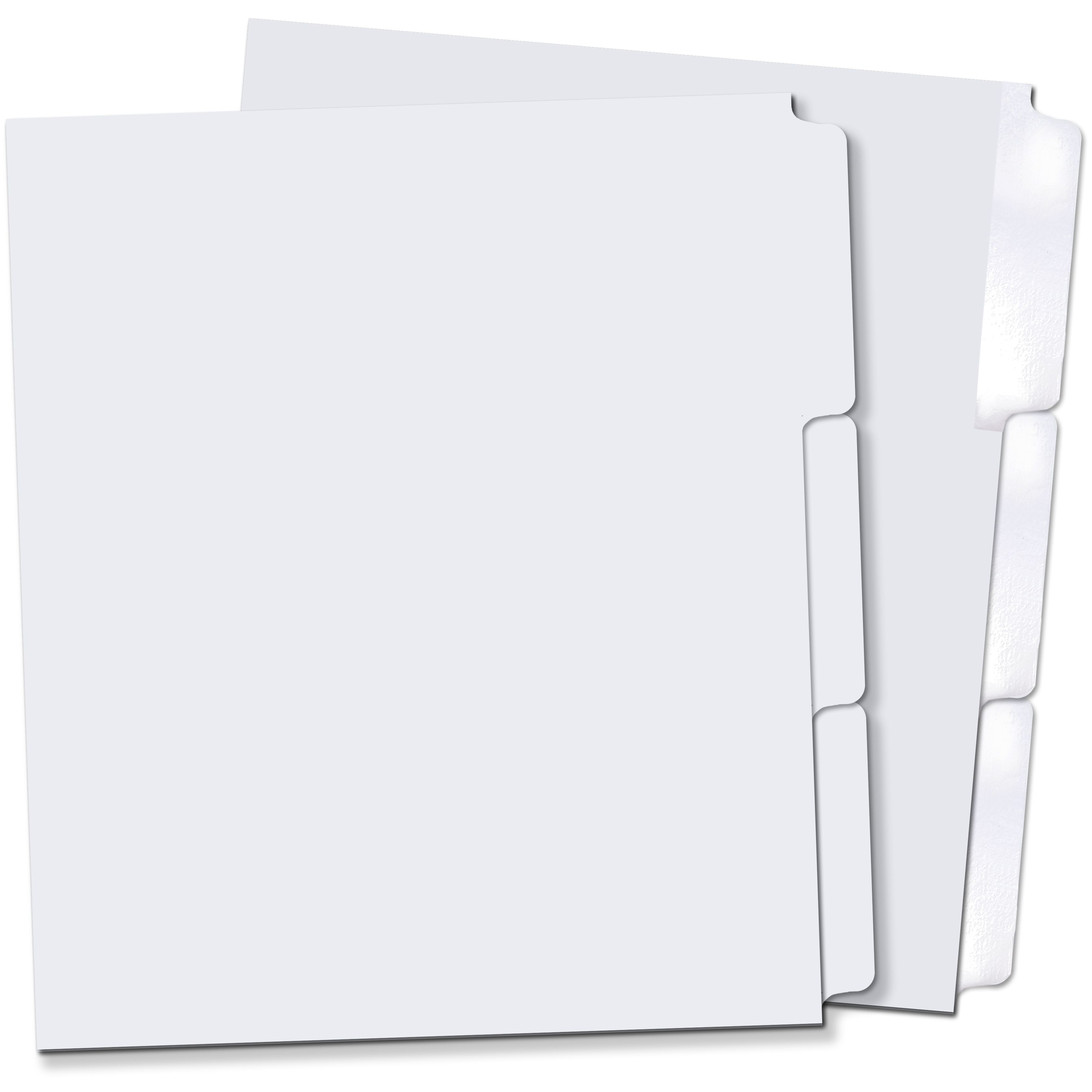 A collection of blank white sheets with tabs on the side displays 1/3 Cut Straight Collated Copier Tabs.



