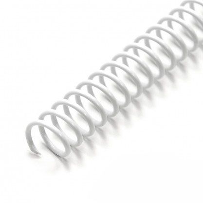 Close-up of "4:1 White 36" Spiral Plastic Coils" shows flexible, evenly spaced loops.