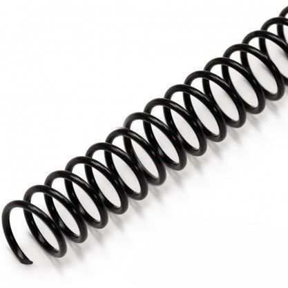 A close-up of "5:1 Black 36" Spiral Plastic Coils" displaying evenly spaced loops designed for secure binding of documents with 5 holes per inch.