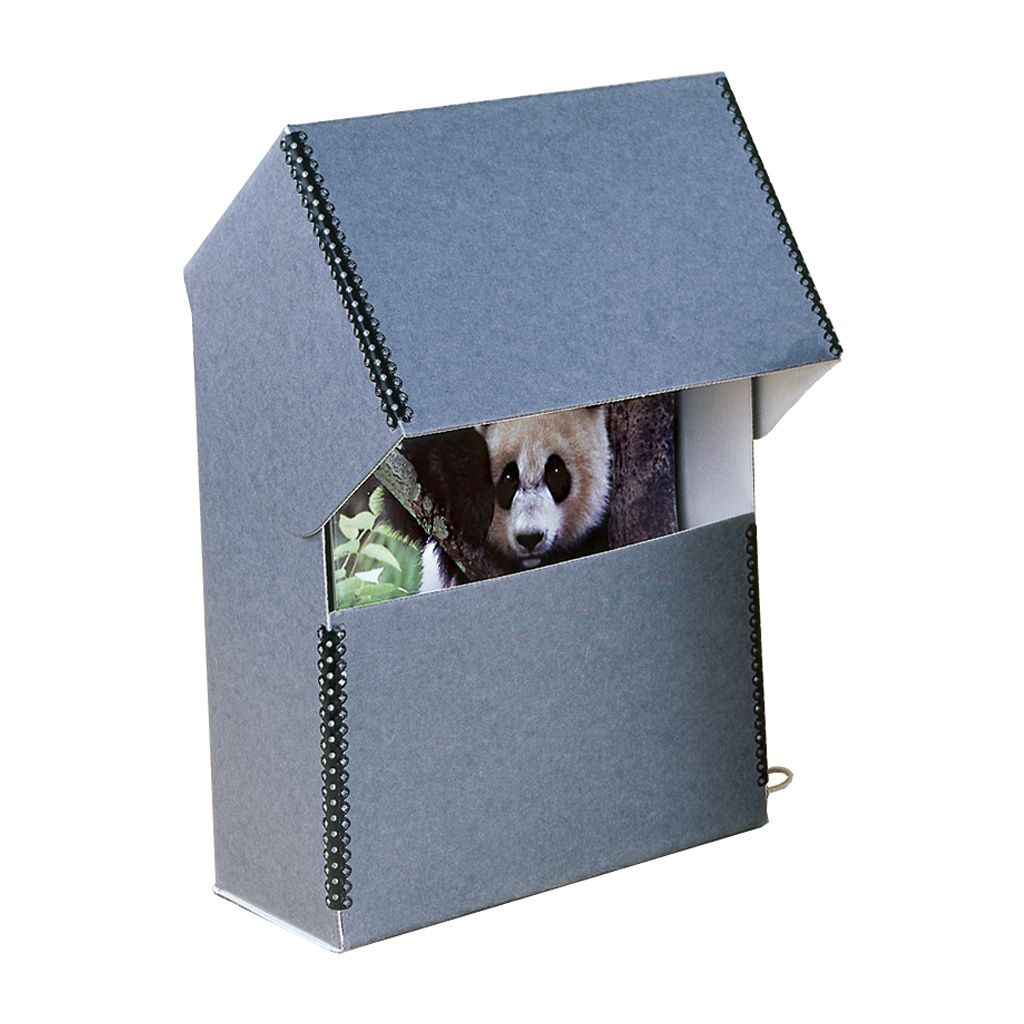 A gray flip-top magazine storage box with reinforced edges and an open lid revealing a magazine featuring a panda on the cover.