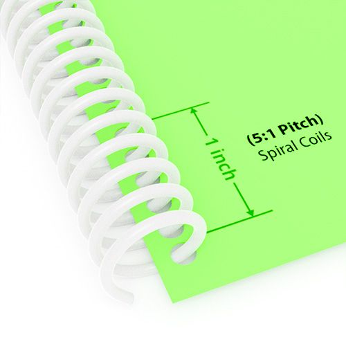 A close-up of "5:1 White 12" Spiral Plastic Coils" securing a green-bound document with evenly spaced loops and 5 holes per inch for a secure bind.