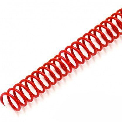 A close-up view of 5:1 Red 36" Spiral Plastic Coils, showcasing a vibrant red color and tightly spaced loops designed for secure binding with five holes per inch.