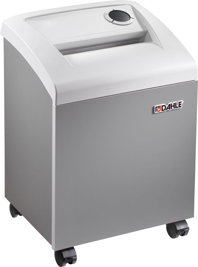 Gray and white Dahle 50114 Oil-Free P-4 Small Office Shredder with caster wheels and a top-loading paper slot designed for compact professional environments.