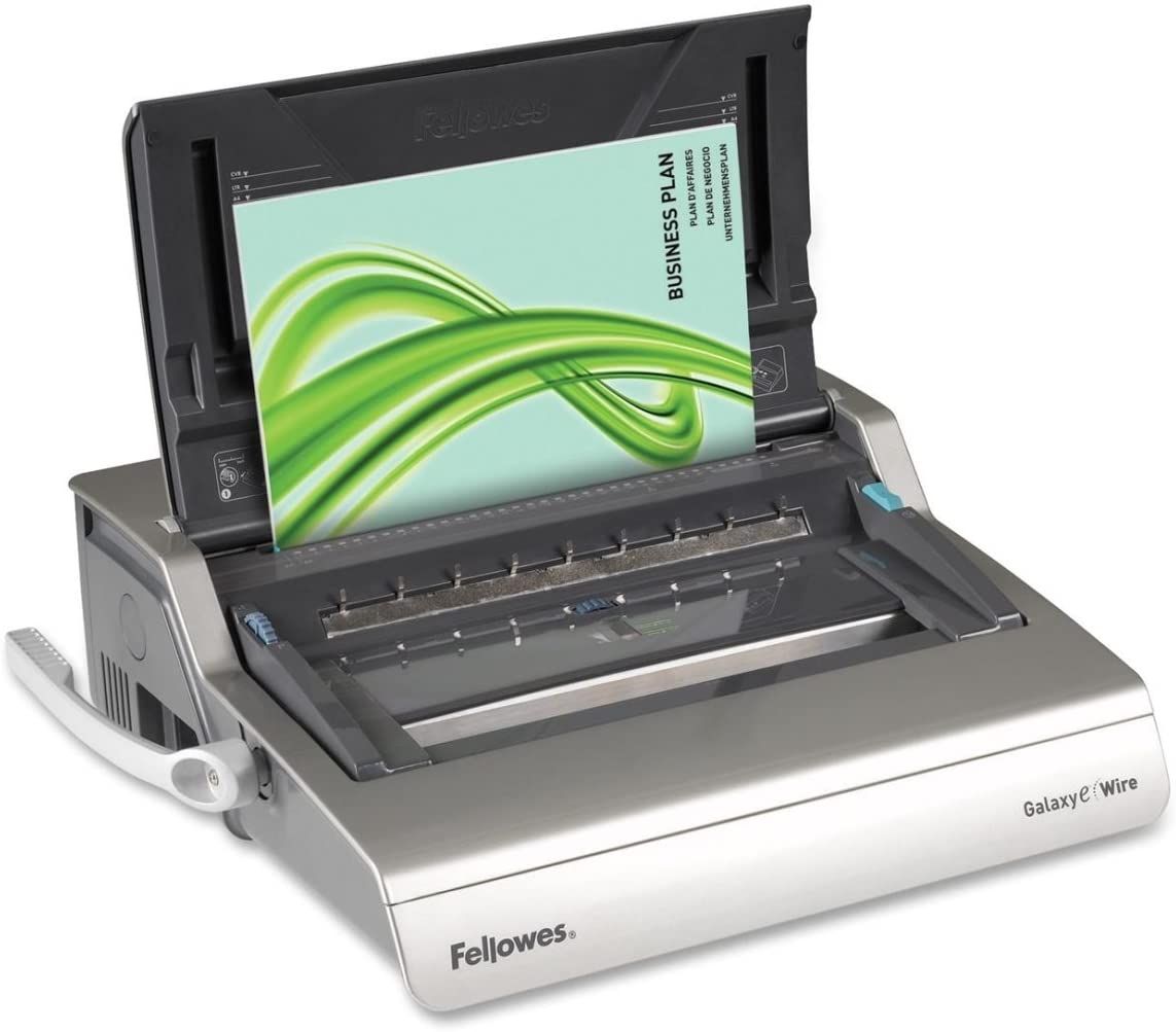 The Fellowes Galaxy E-Wire Electric Wire Binding Machine features a sleek silver and black design with an electric punch mechanism, a vertical document loading tray for accurate hole alignment, a built-in wire selector, and a side lever for manual wire cl