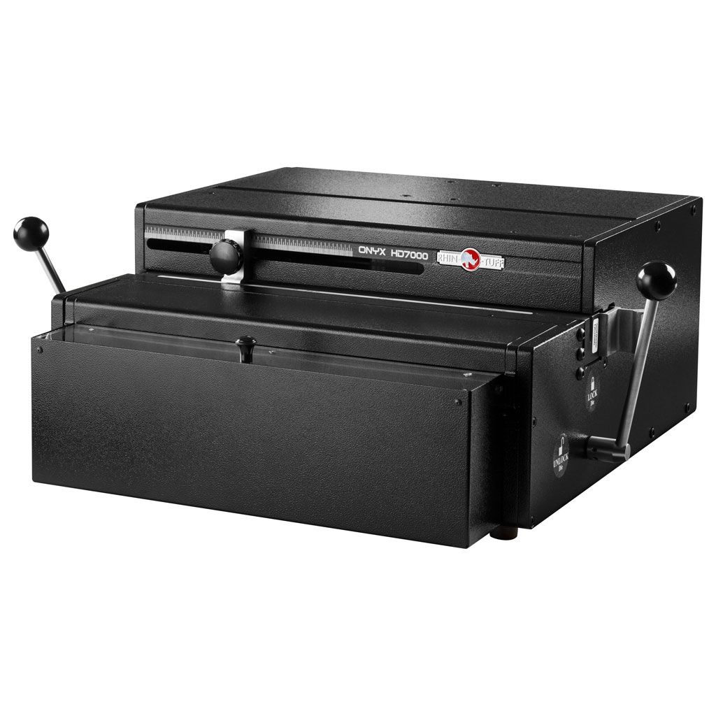 The Rhin-O-Tuff Onyx HD7000 Electric Heavy Duty Binding Punch features a durable all-metal construction with dual adjustable levers, a spacious chip tray, and a sliding paper guide for precise punching.