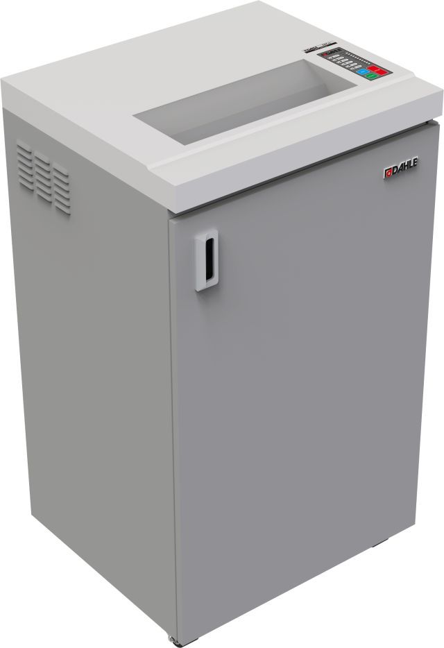 Gray, cabinet-style Dahle PowerTEC 707 PS NSA-Approved P-7 High-Security Shredder with Automatic Oiler featuring a top-loading paper feed slot, side ventilation, and a control panel with start, stop, and reverse buttons.