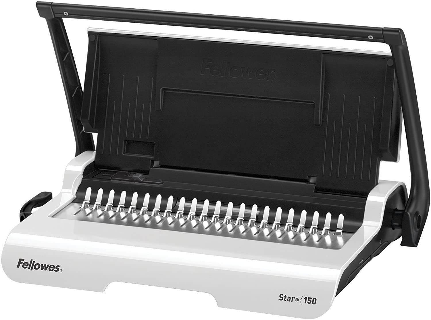 The Fellowes Star+ 150 Manual Comb Binding Machine features a white and black design with an open comb-binding mechanism, a manual punching handle, and a built-in storage tray for organizing binding supplies.