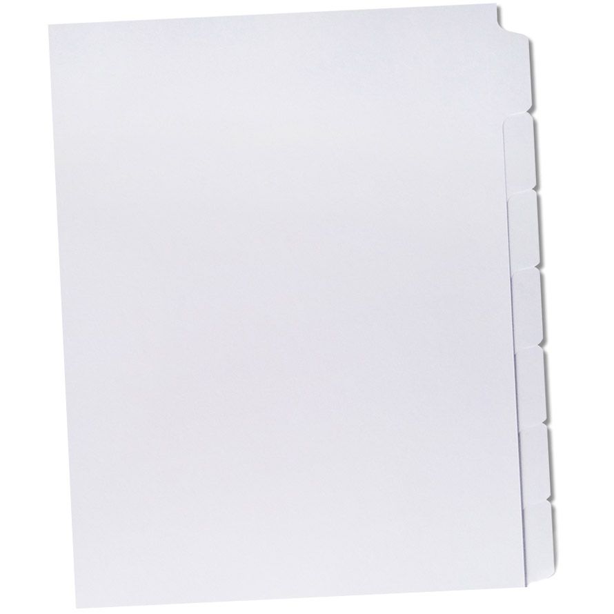 A set of white divider sheets from the 1/7 Cut Straight Collated Copier Tabs set, stacked with tabs aligned on the right edge and viewed from the front.




