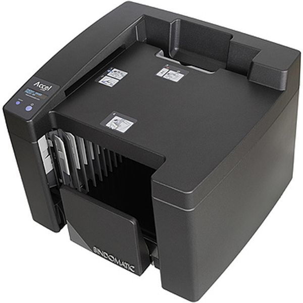 The Coverbind Accel Cube Thermal Binding Machine features a compact, modern design with an automated feeding system, allowing for high-speed thermal binding of multiple documents simultaneously.