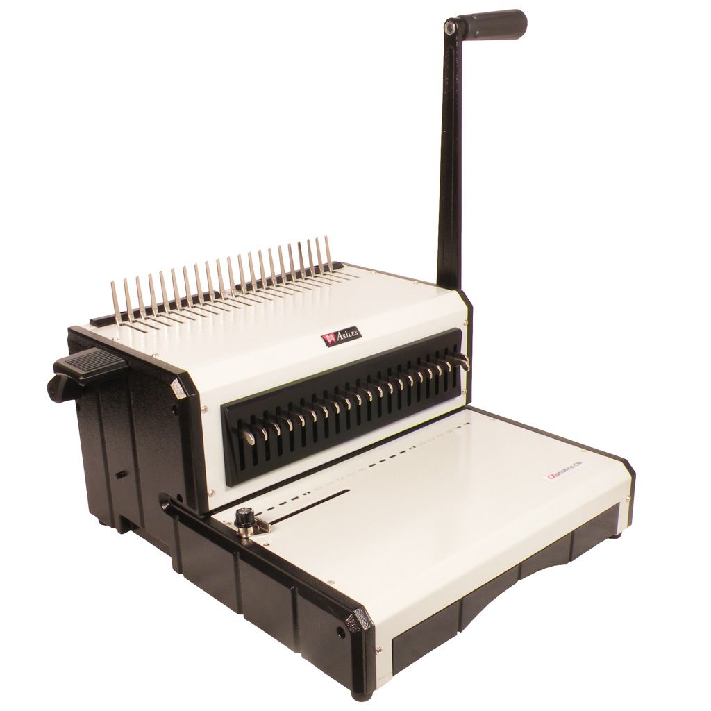 The Akiles AlphaBind-CM Manual Comb Punch & Binding Machine features a heavy-duty metal construction with a vertical punching mechanism, a long handle for manual operation, and an open throat design for accommodating various document sizes.