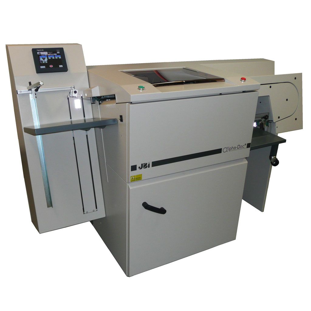 James Burn Alpha-Doc® MK4 Automatic Punch Machine shown with a touchscreen interface, vertical feed tray, and enclosed punching unit designed for high-volume paper punching operations.