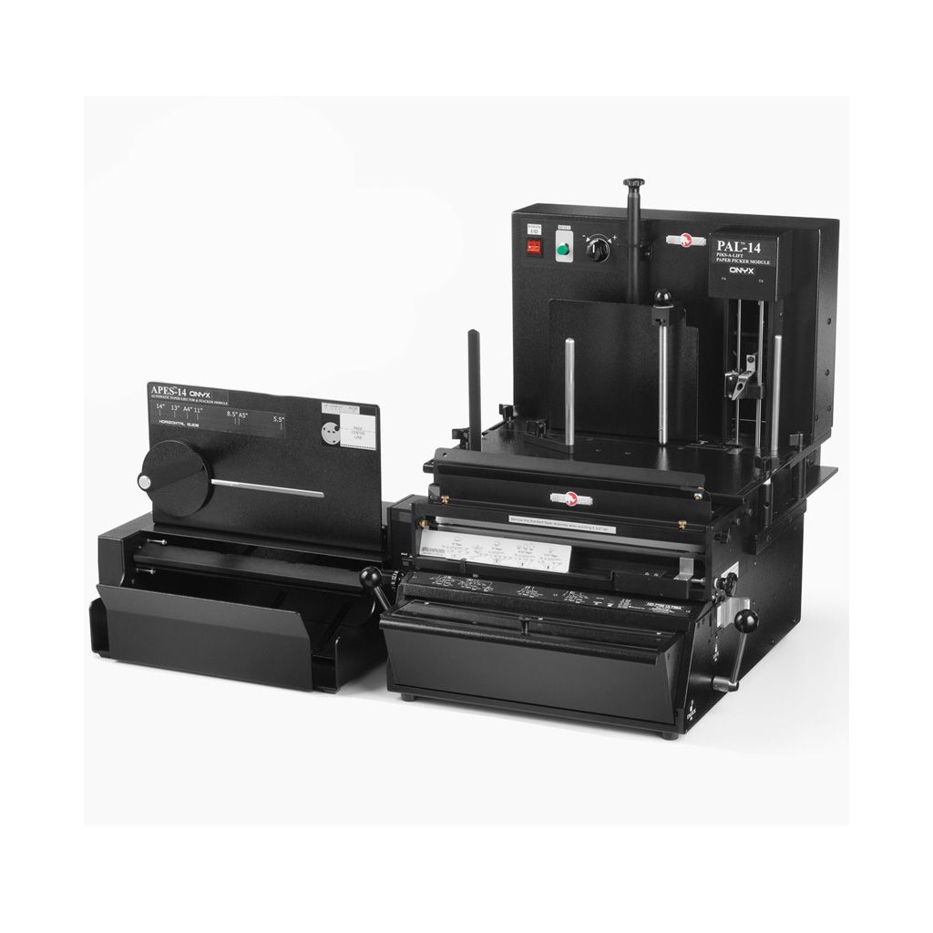 The Rhin-O-Tuff HD7725/HD7700 3-in-1 PPS Pick Punch & Stack System is shown fully assembled with its vertical paper picker, electric punch, and horizontal stacker components.