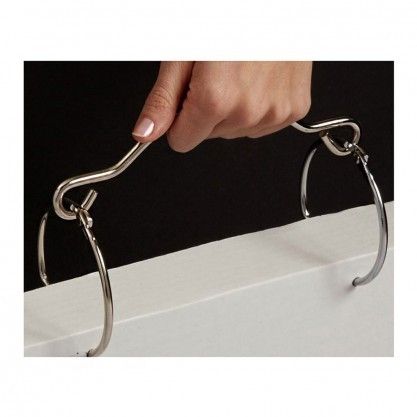 A hand lifts a set of oversized loose leaf pages using metal Binding Ring Handles connected to large binder rings inserted through the holes.