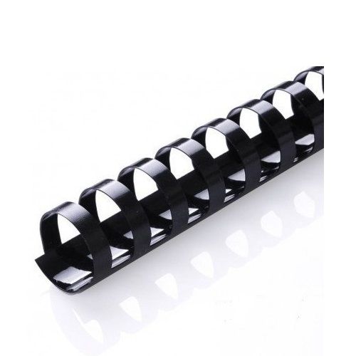 A single Black Plastic Binding Comb is shown coiled with evenly spaced rectangular loops, reflecting light off its glossy surface against a white background.