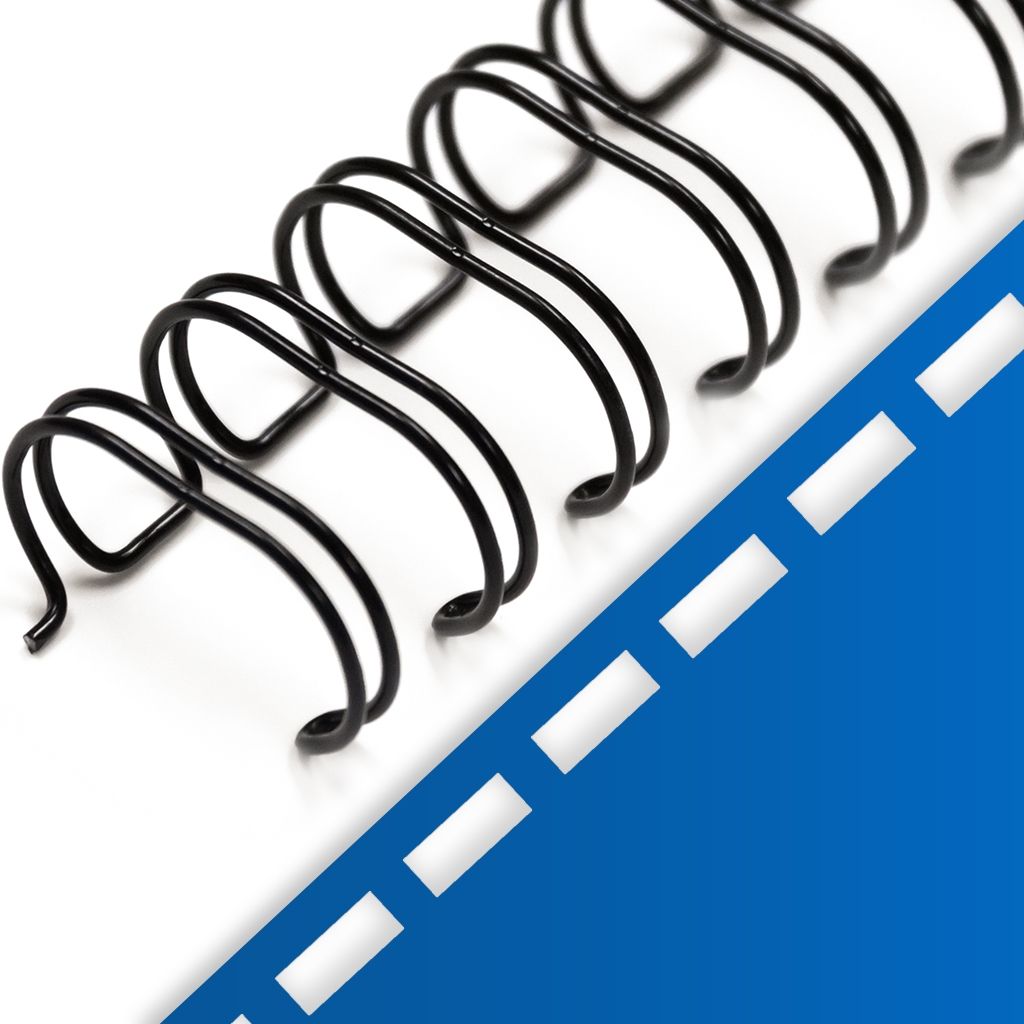 A close-up of Black Spiral-O 19-Loop Wire Binding Spines for Comb Punch Pattern shows the twin-loop design aligned next to a blue comb punch pattern graphic, emphasizing compatibility with standard 19-hole punched documents.