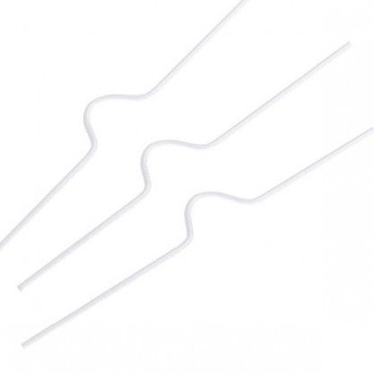 Three curved metal pieces arranged diagonally on a white background, designed as White Wire Calendar Hangers for securing and hanging bound calendars.