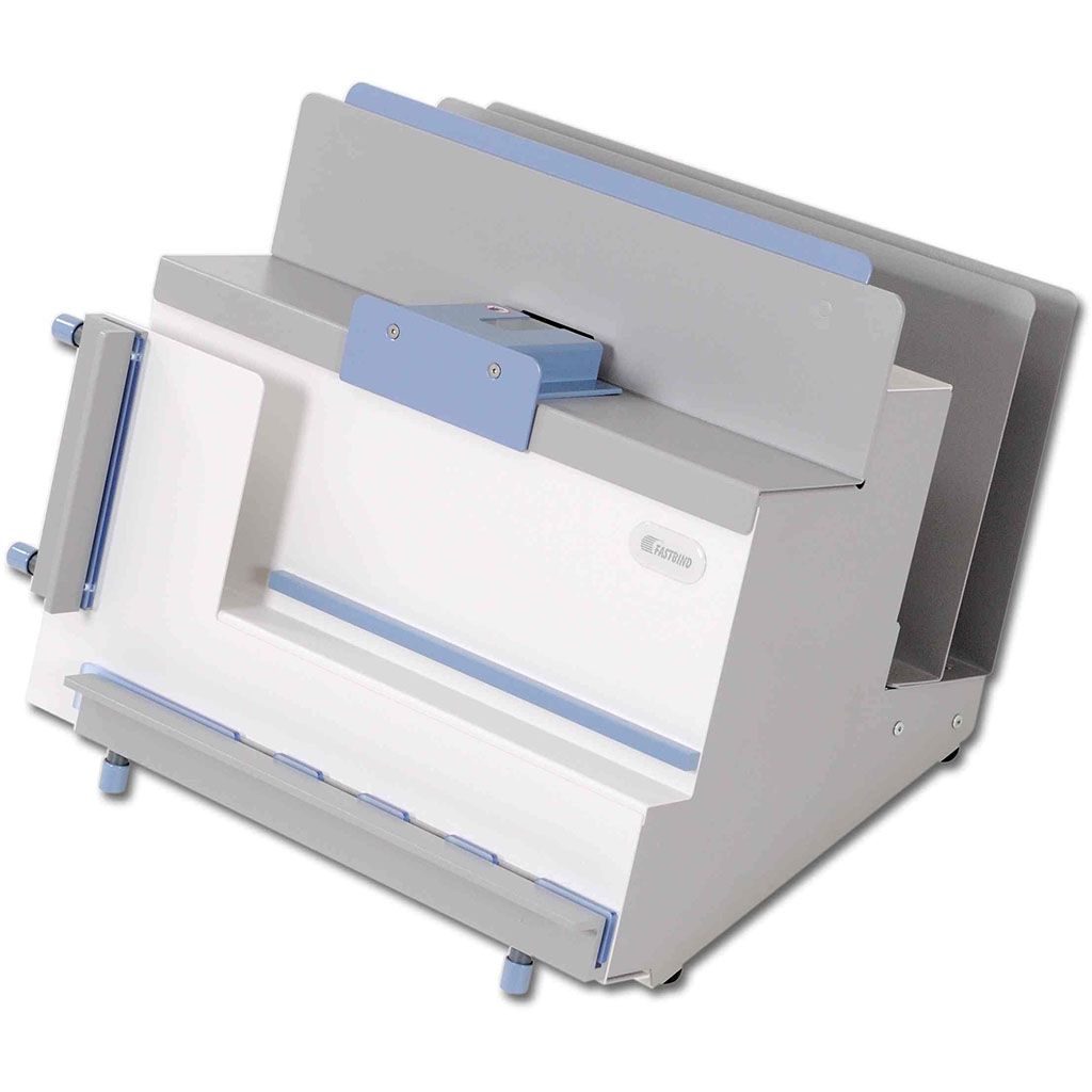 Fastbind BooXTer Duo Hard Cover & Photo Book Binder / Finisher features a compact design with angled back supports and a blue clamp mechanism for securing book blocks during binding and finishing processes.