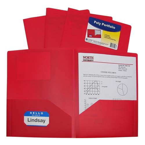 C-Line Red Two-Pocket Heavyweight Poly Portfolio is shown open, holding documents securely with a label and a product tag attached to the top.