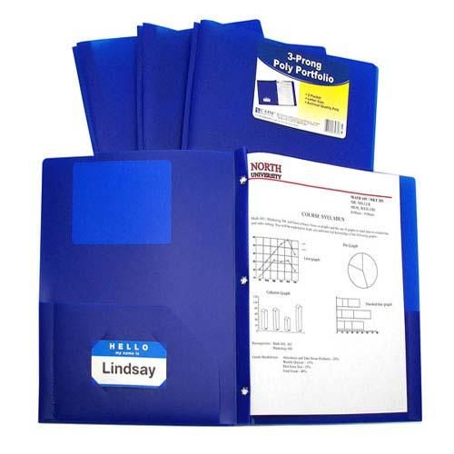 C-Line Two-Pocket Heavyweight Poly Blue Folder with Prongs shown open with a document held in place by metal prongs and additional storage pockets on the front and back covers.