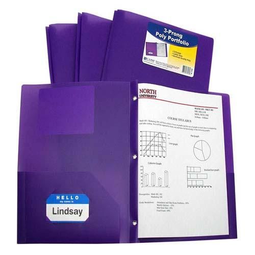 C-Line Two-Pocket Heavyweight Poly Purple Folder with Prongs shown open with a document secured by metal prongs on the inside and additional pockets on both covers for extra storage.