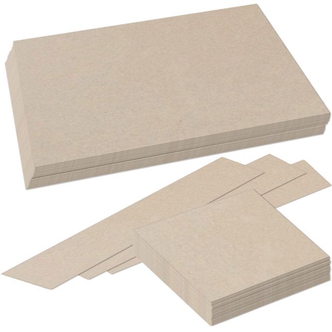 Custom Chip Board Sheets - 100% Recycled Materials in various sizes, showcasing sturdy, uncoated brown sheets ideal for use in packaging, crafts, and document protection.