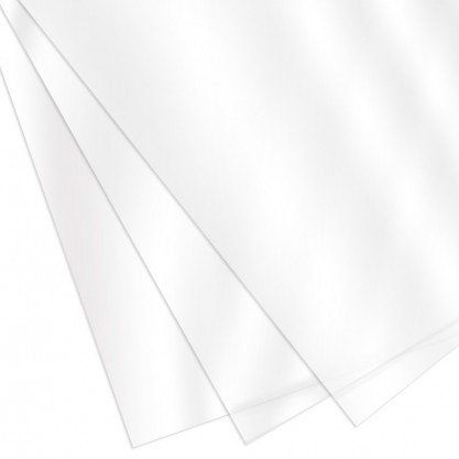 Three overlapping 5 Mil Clear Gloss Report Covers are arranged in a fanned layout, showing their transparent, reflective finish and sharply defined edges.