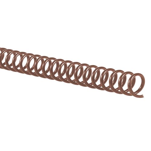 A close-up of 4:1 Medium Brown 12" Spiral Plastic Coils, displaying their warm brown color and evenly spaced loops designed for 4 holes per inch binding.