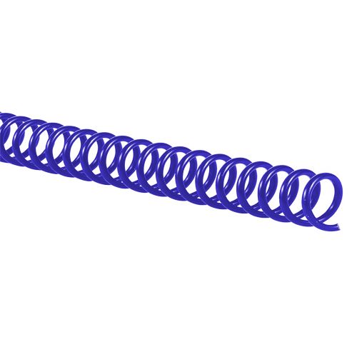 A close-up of 4:1 Dark Blue 12" Spiral Plastic Coils, featuring a deep blue color and evenly spaced loops designed for 4 holes per inch binding.