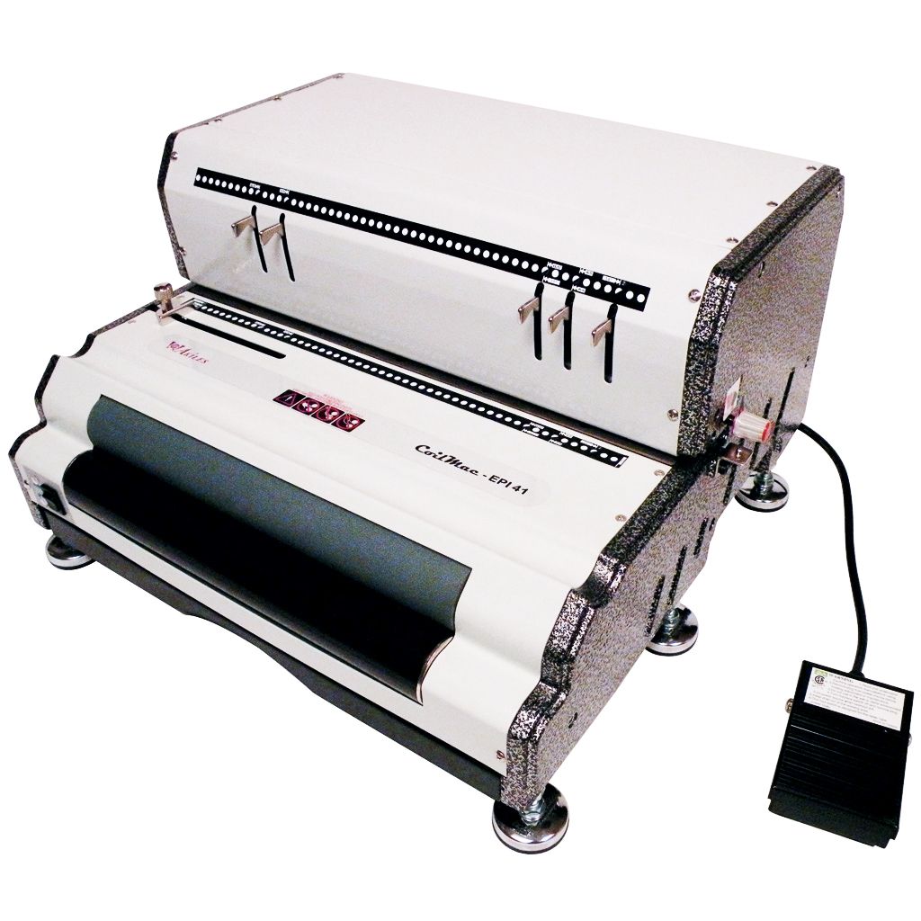 The Akiles CoilMac EPI Standard Electric Punch & Electric Coil Inserter is a heavy-duty spiral binding machine featuring an integrated electric punch, adjustable disengageable pins, and a built-in electric coil inserter for streamlined document binding.