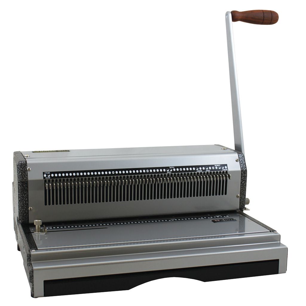 A heavy-duty Akiles CoilMac M Plus Manual Spiral Binding Machine with a full-length punching mechanism, a sturdy metal construction, a wooden handle for manual operation, and a wide punching throat designed for high-capacity spiral binding tasks.