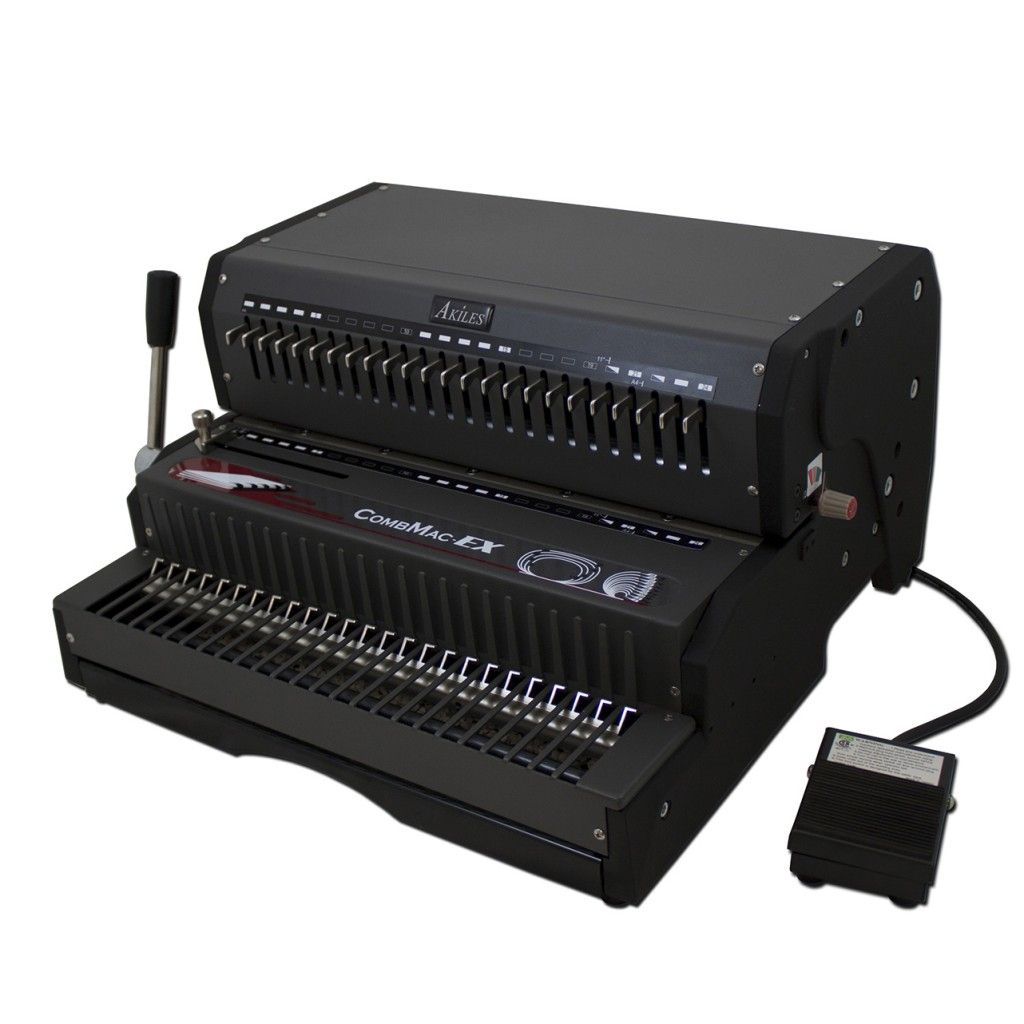 The Akiles CombMac-EX Electric Plastic Comb Binding Machine is a heavy-duty binding system featuring an electric punching mechanism, a foot pedal for hands-free operation, a manual comb opener, and a rugged all-metal construction designed for high-volume 