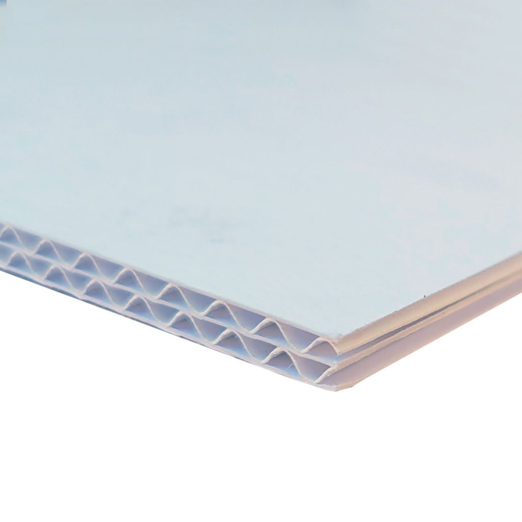 Shows a corner of a Plain Converd Biodegradable Corrugated Mounting Board, revealing its white surface and the internal corrugated structure.