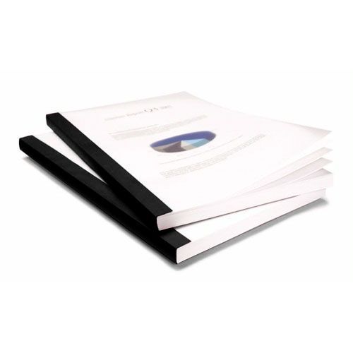 Two documents are bound using Coverbind Black Clear Linen Thermal Binding Covers, each featuring a clear front to display the title page and a textured black linen spine and back cover.