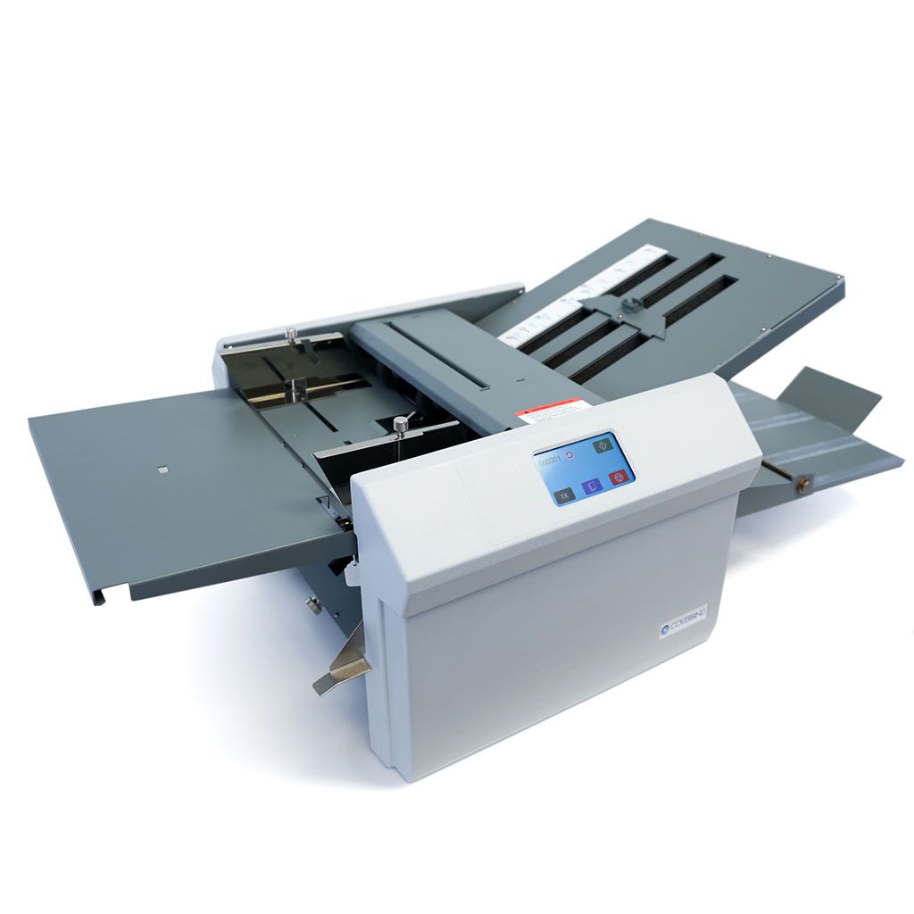 Coverbind CBPF450 Paper Folding Machine featuring a touchscreen control panel, paper feed tray with alignment guides, and a compact output tray.