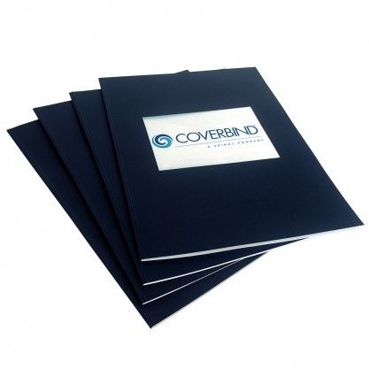 Four neatly stacked navy booklets each feature a centered cut-out window on the front, showcasing the design of Coverbind Linen with Window Thermal Binding Covers.