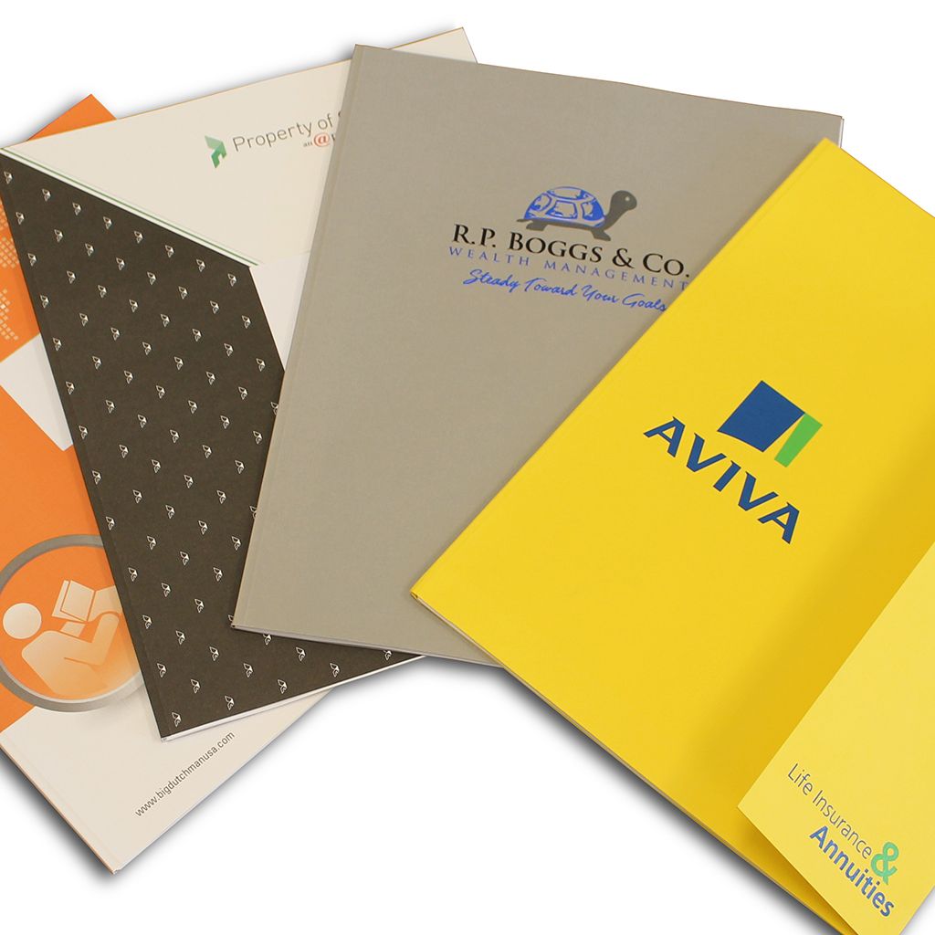 Custom Coverbind Thermal Binding Covers showcasing a variety of designs and colors, including branded options for financial and insurance companies with high-quality printing.