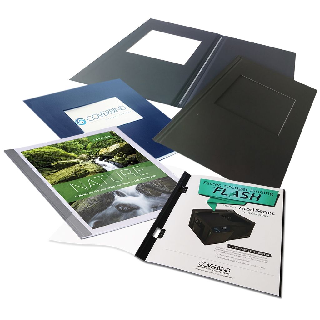 A variety of binding covers, including hardcovers with windows, printable soft covers, and side-staple options, are displayed as part of a Coverbind Cover Start-Up Kit.