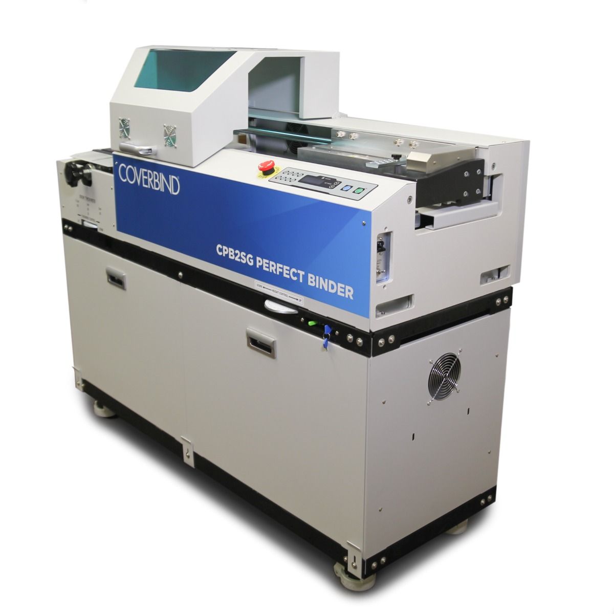 Coverbind CPB2SG Perfect Binding Machine shown with a sleek, compact design featuring a control panel, emergency stop button, and enclosed binding area for efficient thermal binding production.