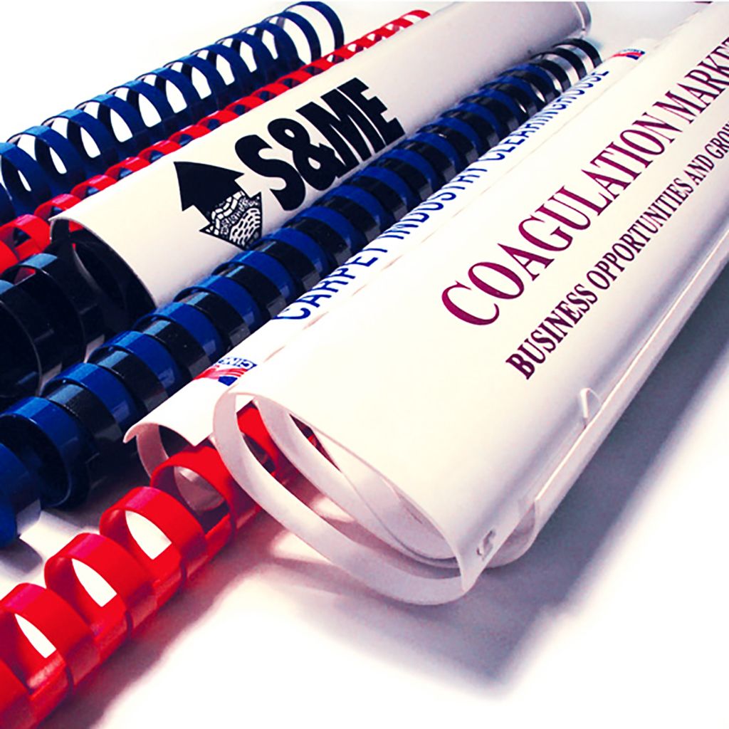 Custom Plastic Binding Combs in black, blue, red, and white are used to secure printed presentation booklets, featuring personalized covers with company logos and titles.